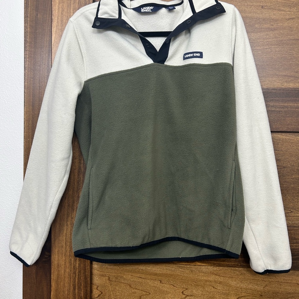 Lands' End White and Green Polo Sweatshirt Relaxed Fit
